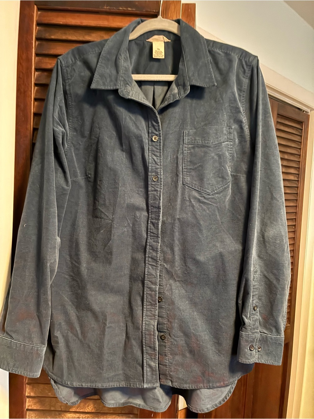 Duluth Trading Co Women’s Corduroy Button-Down Shirt in Faded Blue Stretch
